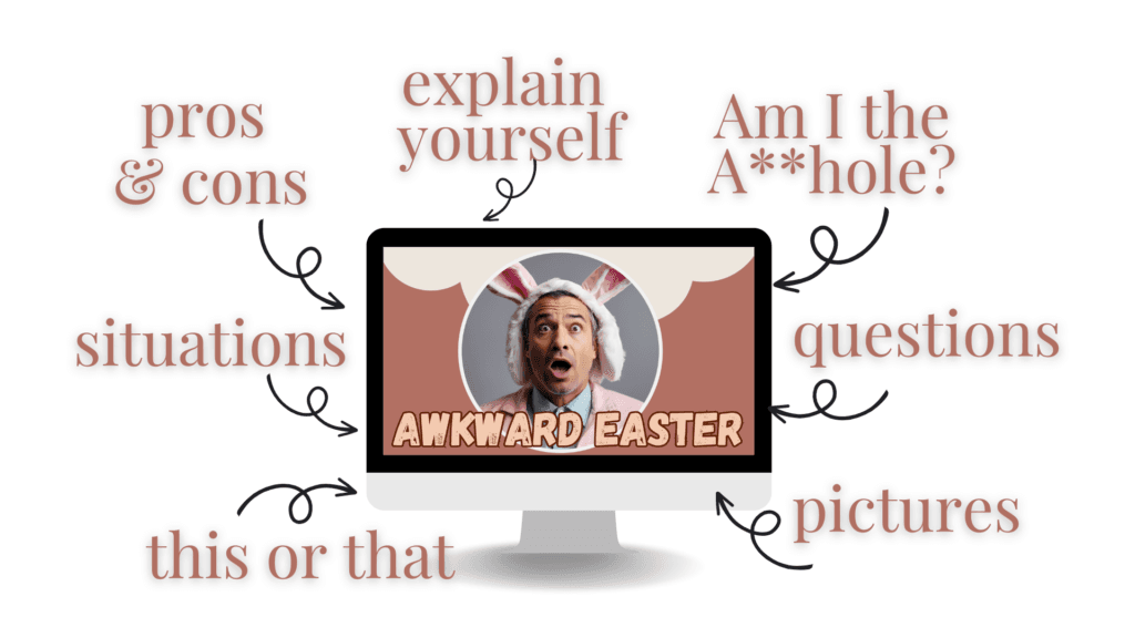 Rozdziały materiału Awkward Easter pros and cons, explain yourself, questions, situations, pictures, this or that